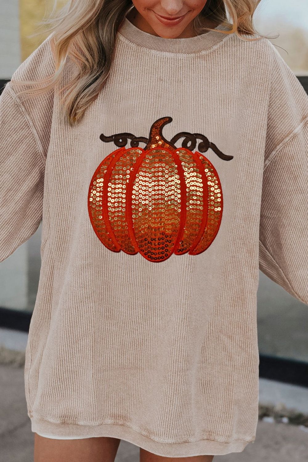 Sequin Pumpkin Round Neck Long Sleeve Sweatshirt Trandify Deal