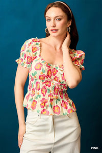 Women’s Floral Print Peplum Blouse – Smocked Waist & Puff Sleeves