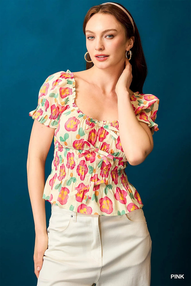 Women’s Floral Print Peplum Blouse – Smocked Waist & Puff Sleeves