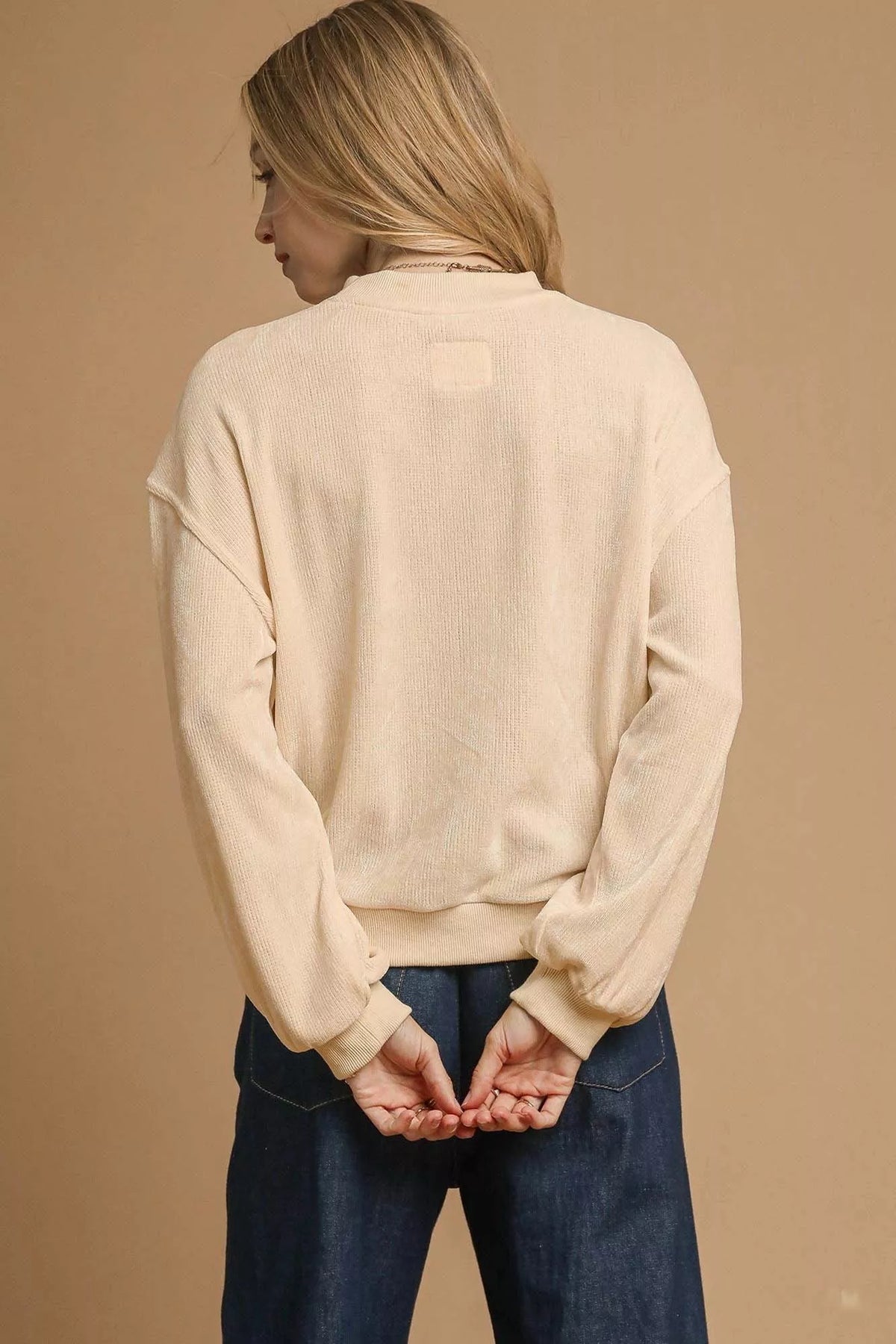 Women's Balloon Sleeve Sweatshirt in Beige - Oversized Velour Pullover Front View