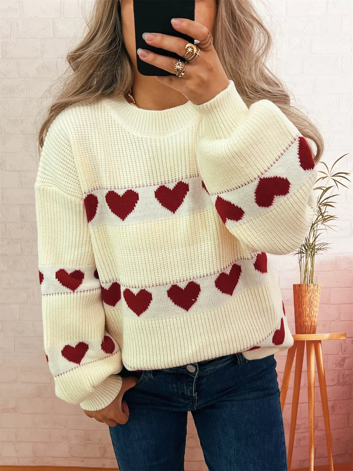 Women's Heart Pattern Sweater - Cute Dropped Shoulder Pullover