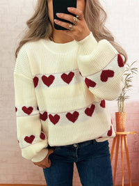 Women's Heart Pattern Sweater - Cute Dropped Shoulder Pullover