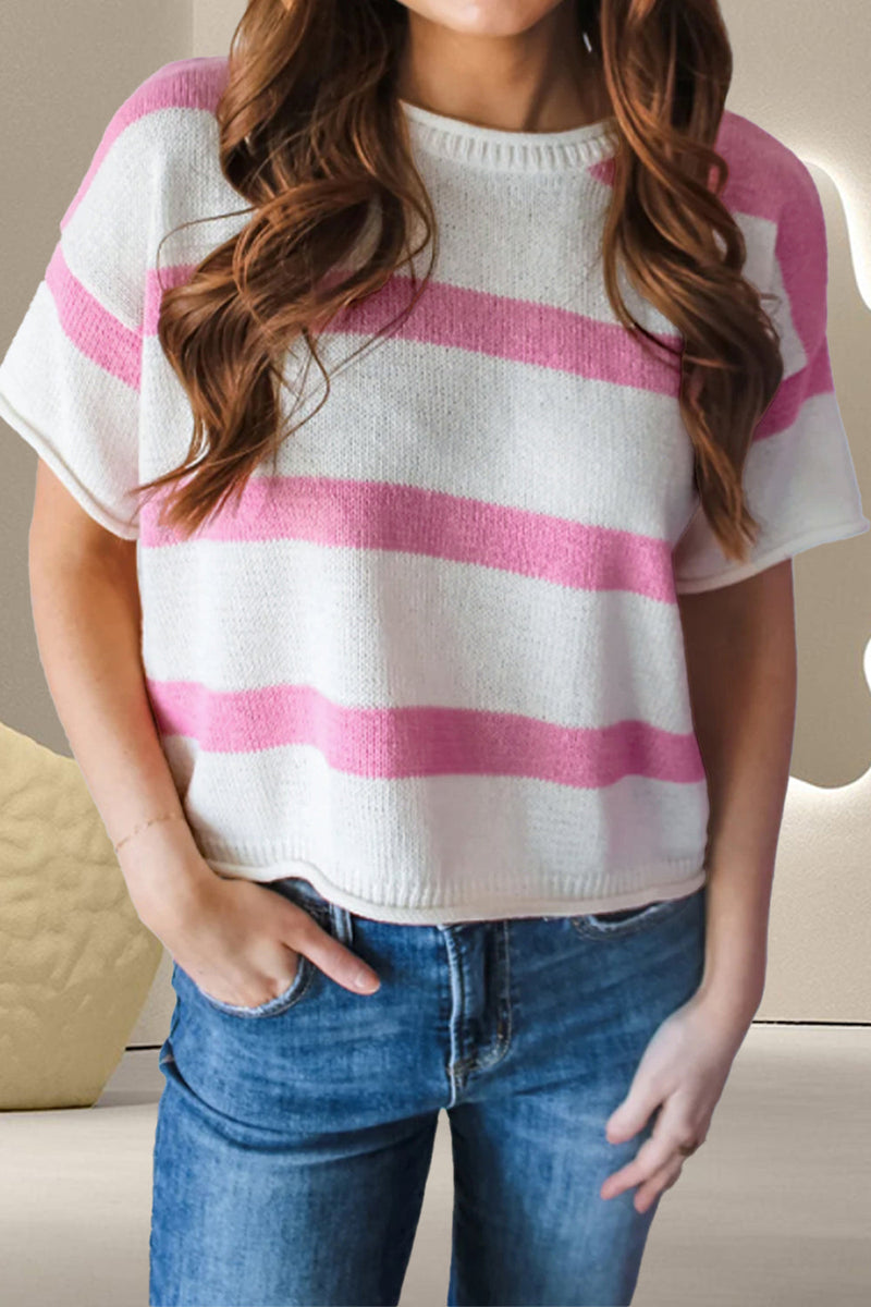 Striped Round Neck Short Sleeve Knit Top Trandify deal