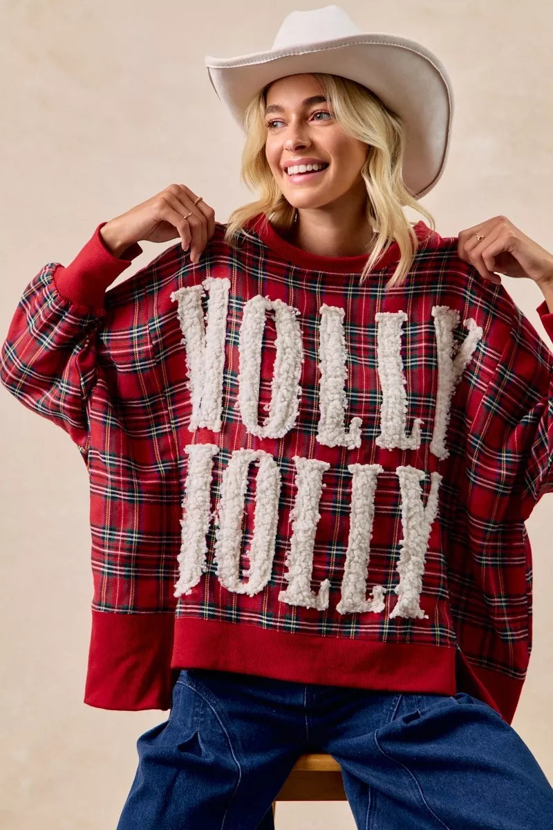 BiBi Women's Oversized Christmas Plaid Sweatshirt - Holly Jolly Holiday Party Top - Red Plaid Shirt