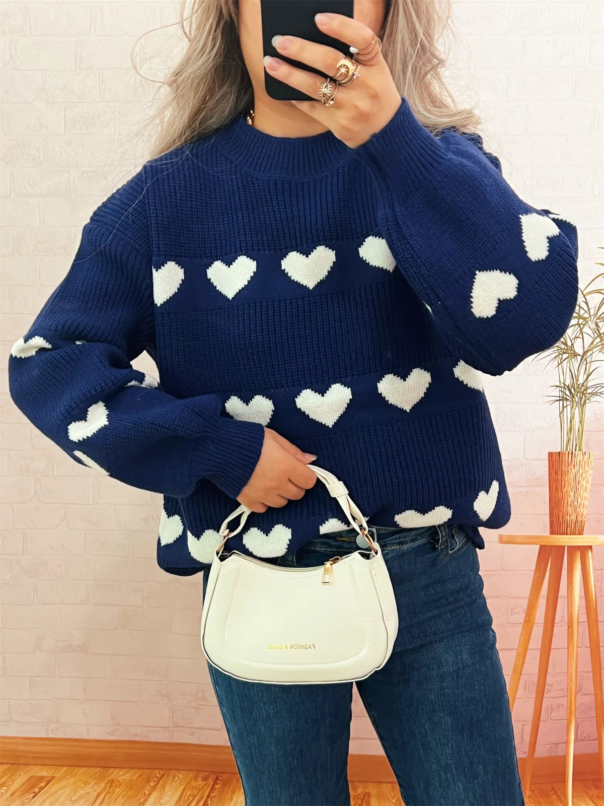 Women's Heart Pattern Sweater - Cute Dropped Shoulder Pullover