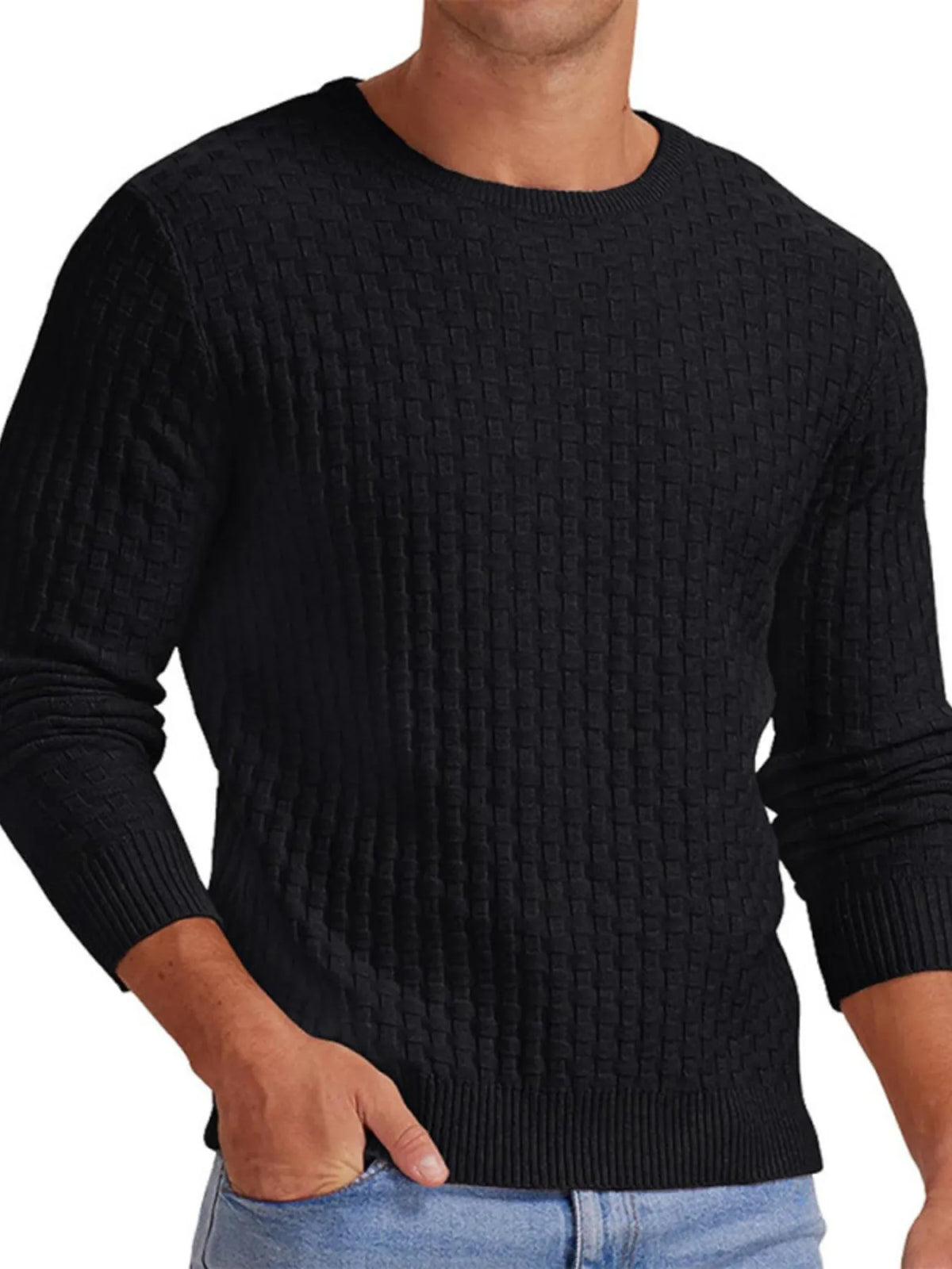Men's Ribbed Hem Round Neck Sweater – Plus Size Casual Pullover for US Buyers