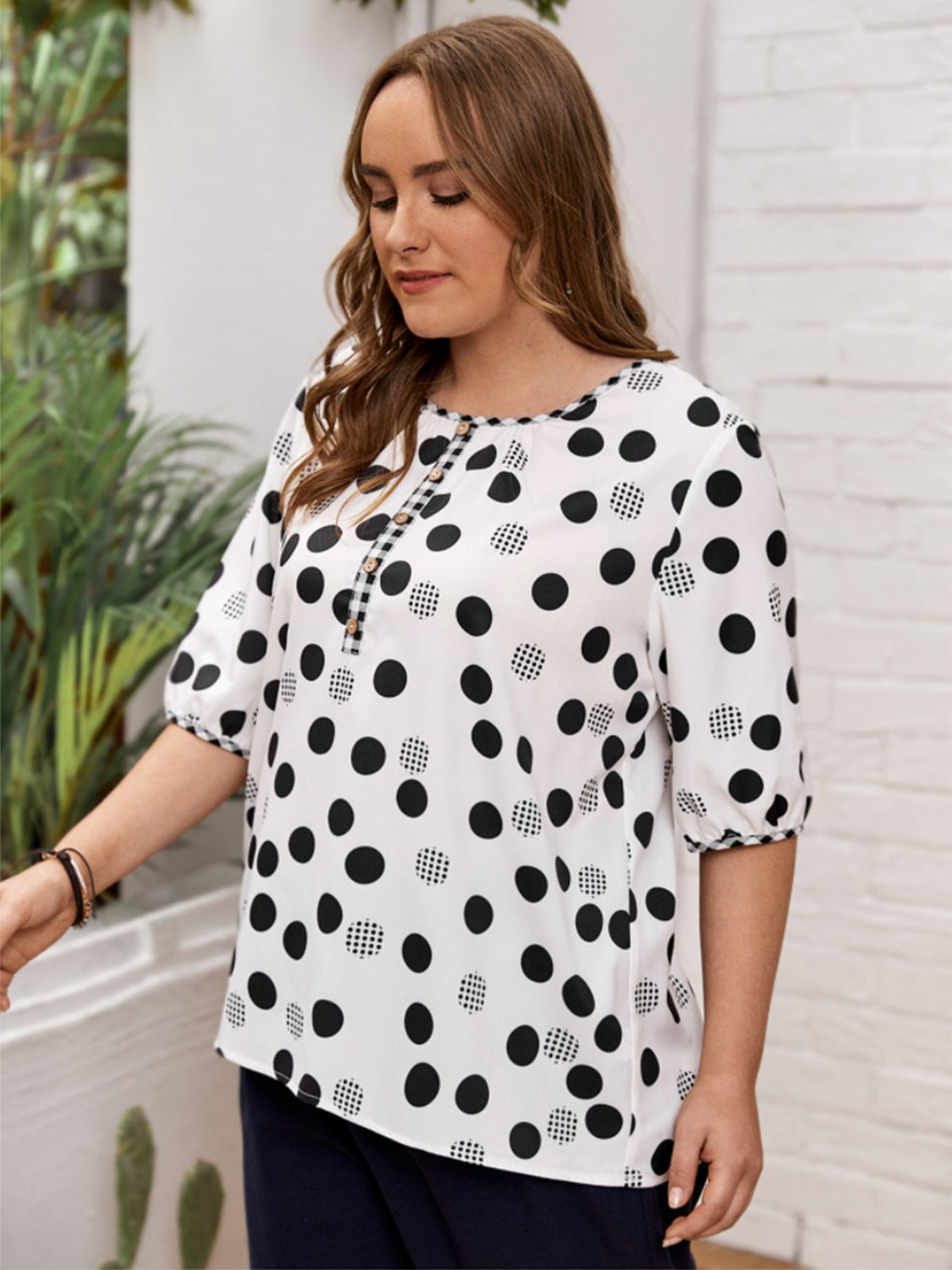 Plus Size Polka Dot Round Neck Half Sleeve Blouse Trandify deal