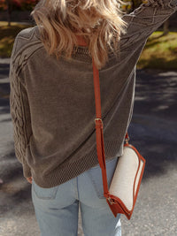 Women's beige cable knit cotton sweater casual crewneck pullover