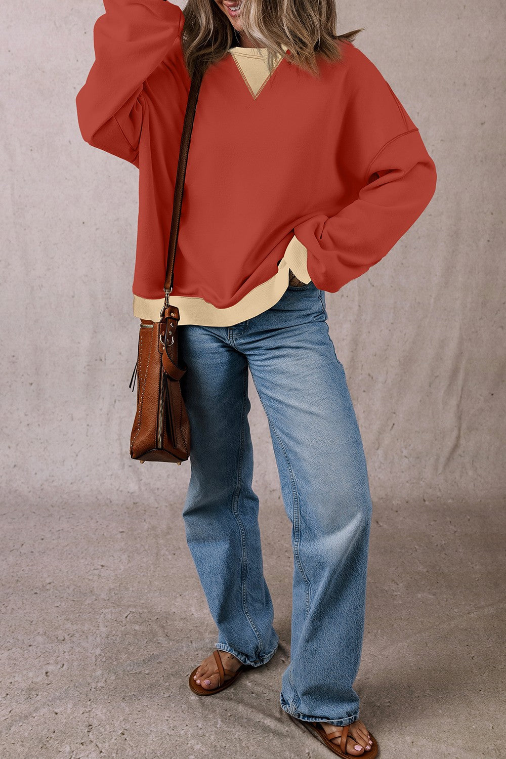 Contrast Round Neck Long Sleeve Sweatshirt Trandify Deal