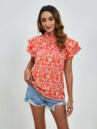 Ditsy Floral Mock Neck Flounce Sleeve Blouse Trandify deal