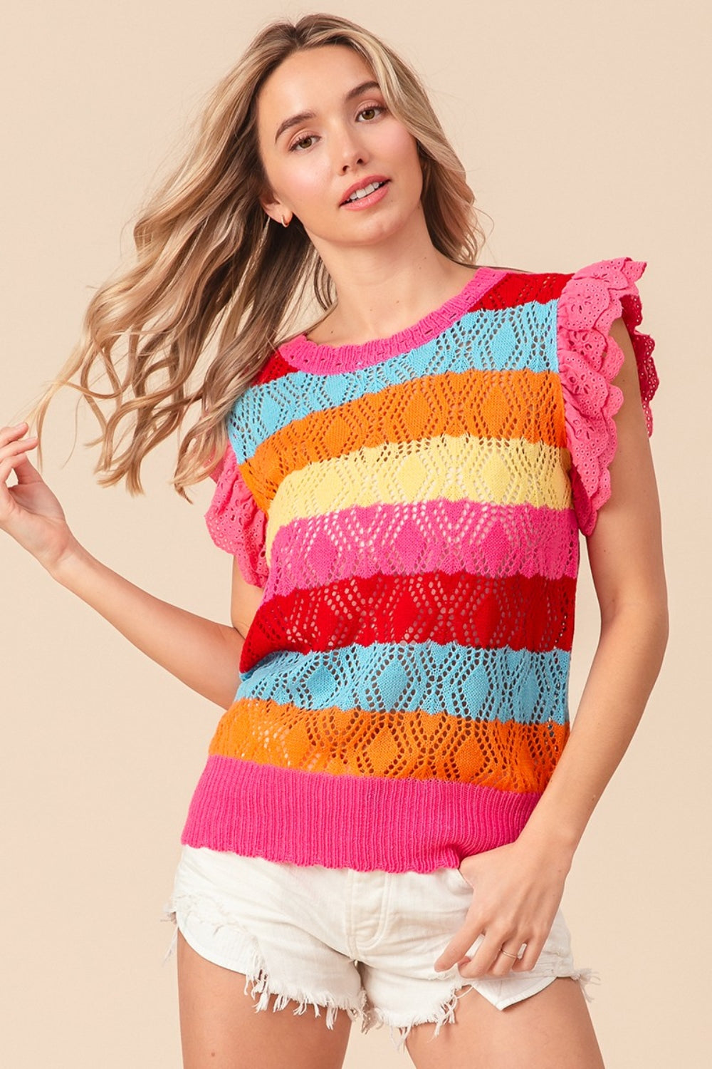 BiBi Pointelle Striped Ruffled Knit Top Trandify deal