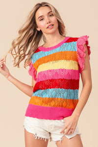 BiBi Pointelle Striped Ruffled Knit Top Trandify deal