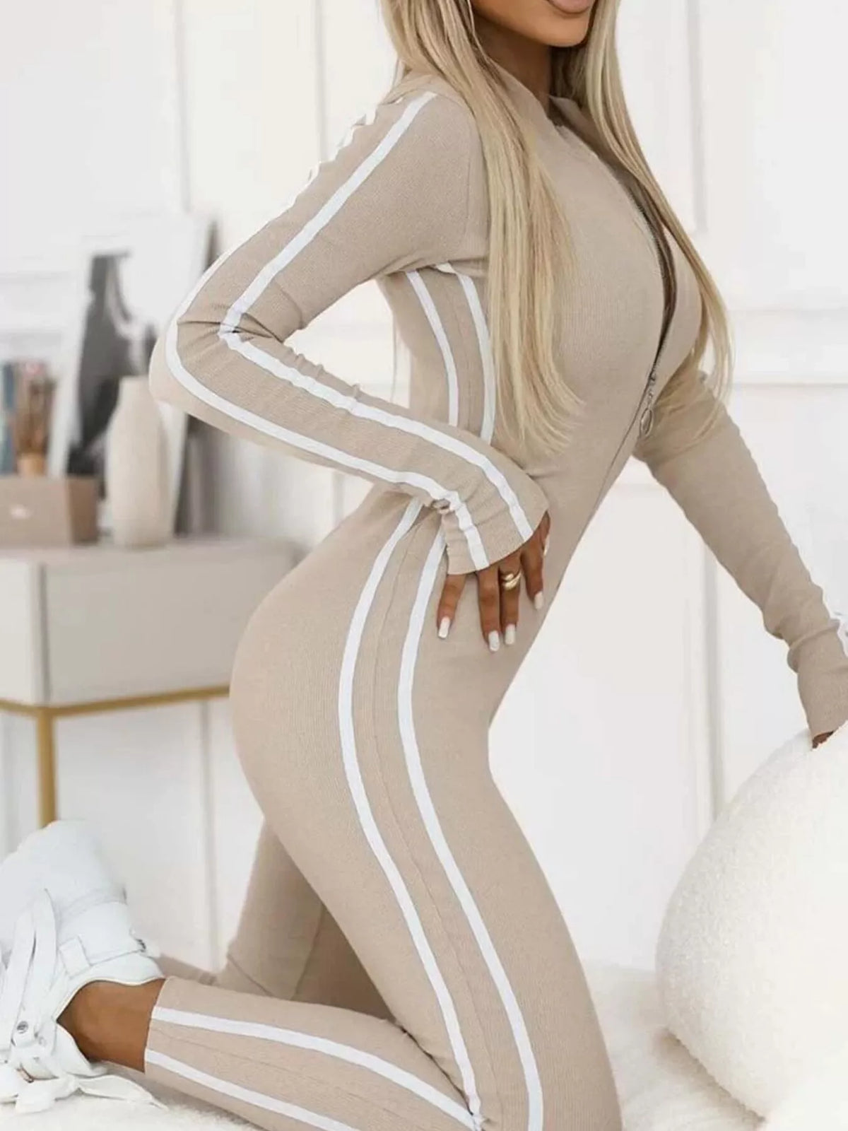 Plus Size Striped Jumpsuit with Zip-Front