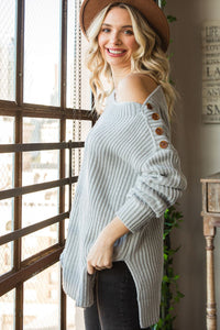 Side Slit Boat Neck Long Sleeve Sweater Trandify Deal