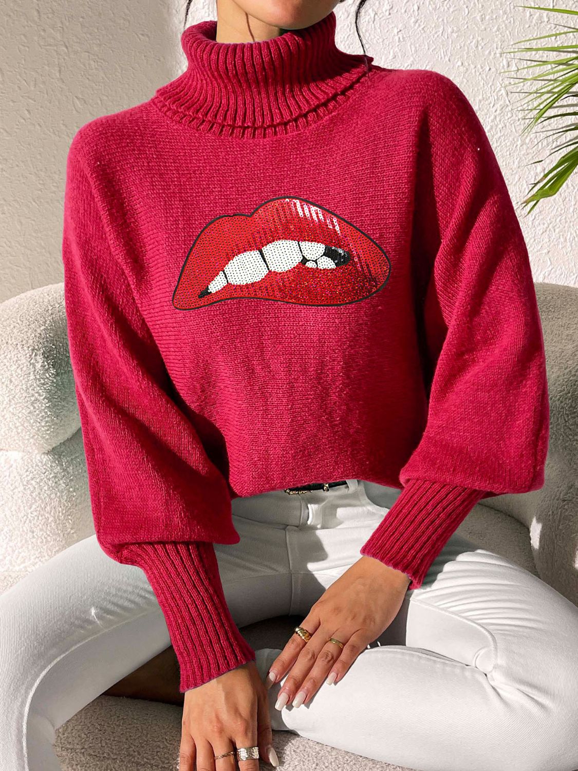 Lip Turtleneck Long Sleeve Sweater Trandify Deal