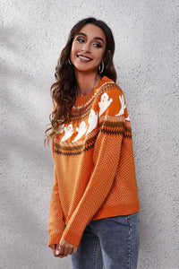 Ghost Pattern Round Neck Long Sleeve Sweater Trandify Deal