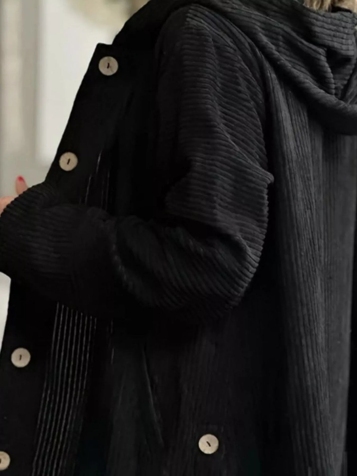 Plus Size Corduroy Shacket - Hooded Ribbed Jacket