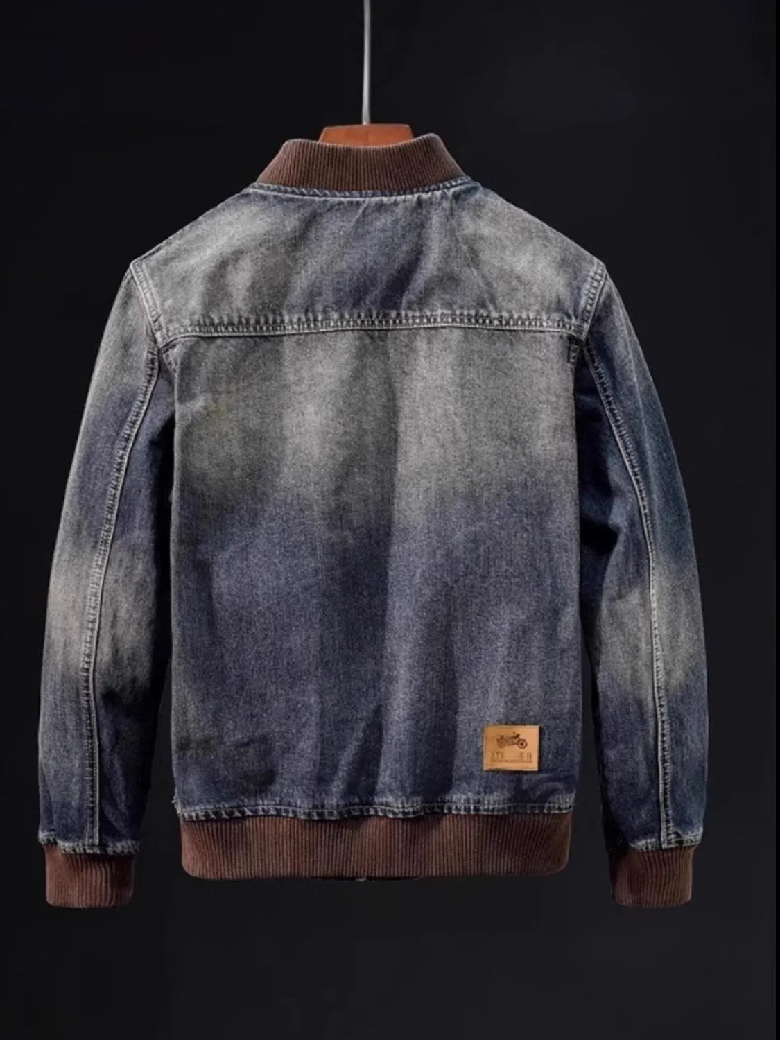 Relaxed fit denim bomber jacket back view for big and tall men