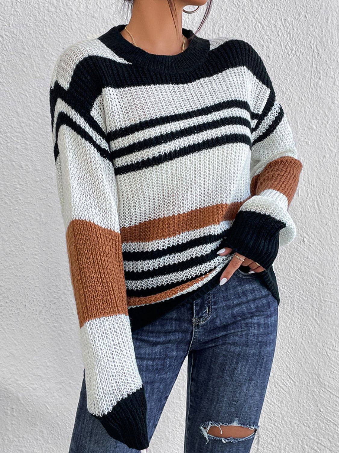 Contrast Striped Round Neck Long Sleeve Sweater Trandify Deal