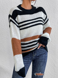 Contrast Striped Round Neck Long Sleeve Sweater Trandify Deal