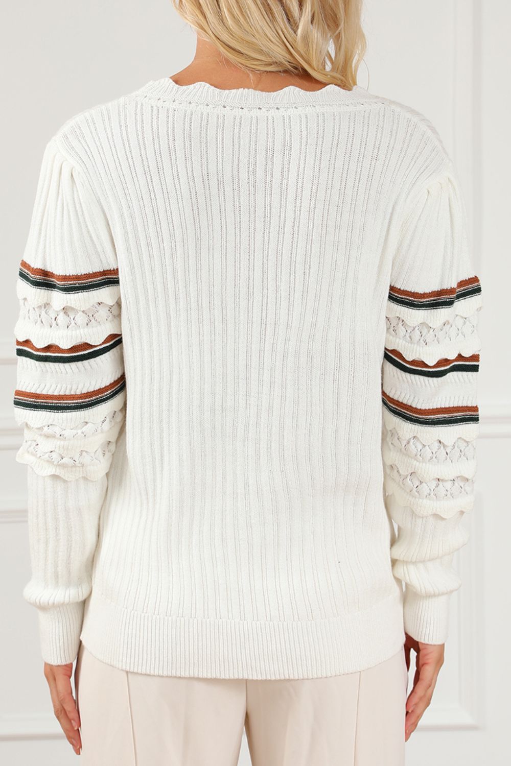 Striped Hollow Out Round Neck Long Sleeve Sweater Trandify Deal