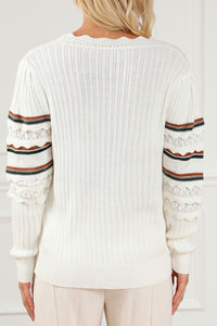 Striped Hollow Out Round Neck Long Sleeve Sweater Trandify Deal