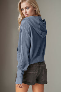 Double Take Waffle-Knit Zip Up Long Sleeve Hooded Jacket Trandify Deal