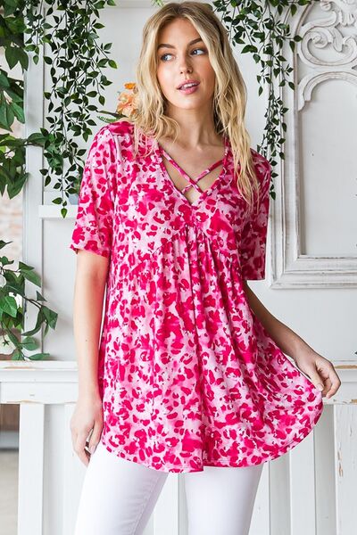 Plus Size Animal Print Babydoll Top – Crisscross Neck Short Sleeve Blouse for Women