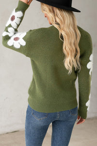 Flower Round Neck Long Sleeve Sweater Trandify Deal