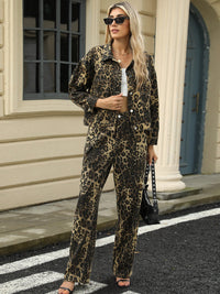 Pocketed Leopard Long Sleeve Denim Jacket Trandify Deal