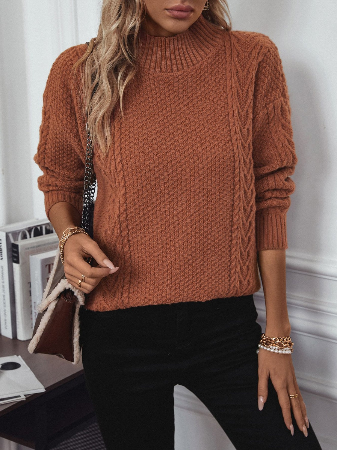 Cable-Knit Mock Neck Long Sleeve Sweater Trandify Deal