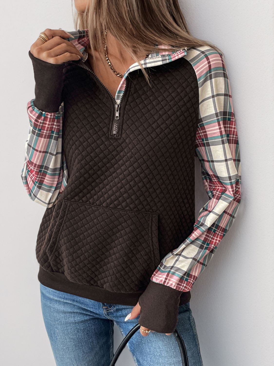 Perfee Plaid Half Zip Long Sleeve Sweatshirt Trandify Deal