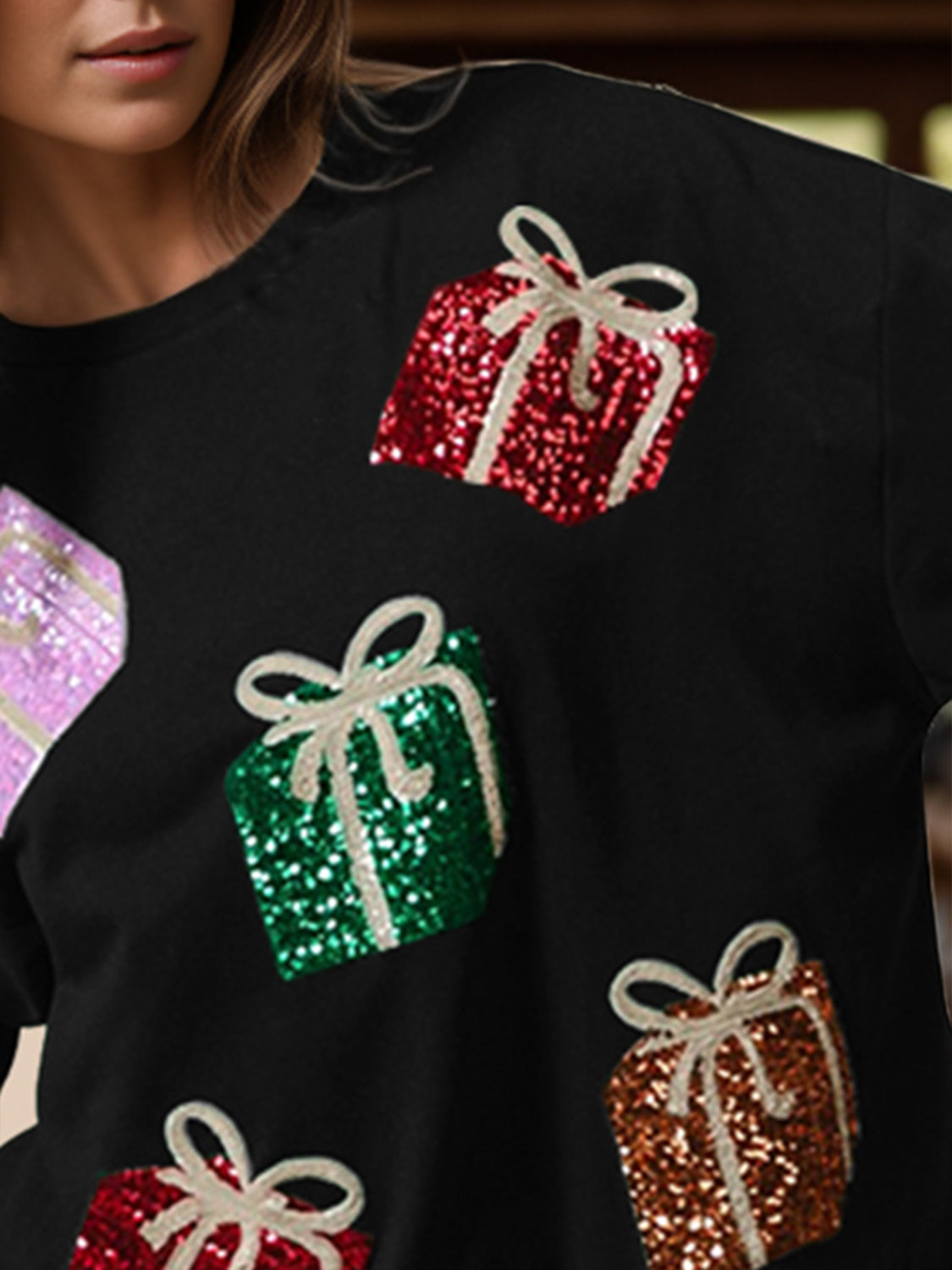 Sequin Gift Box Long Sleeve Sweatshirt Trandify Deal