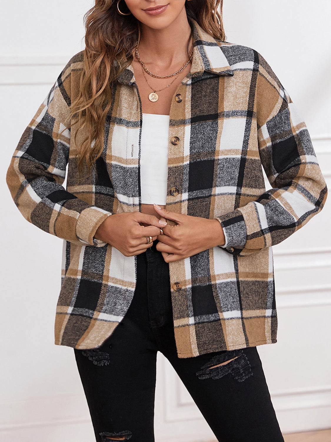 Plaid Collared Neck Button Down Jacket Trandify Deal