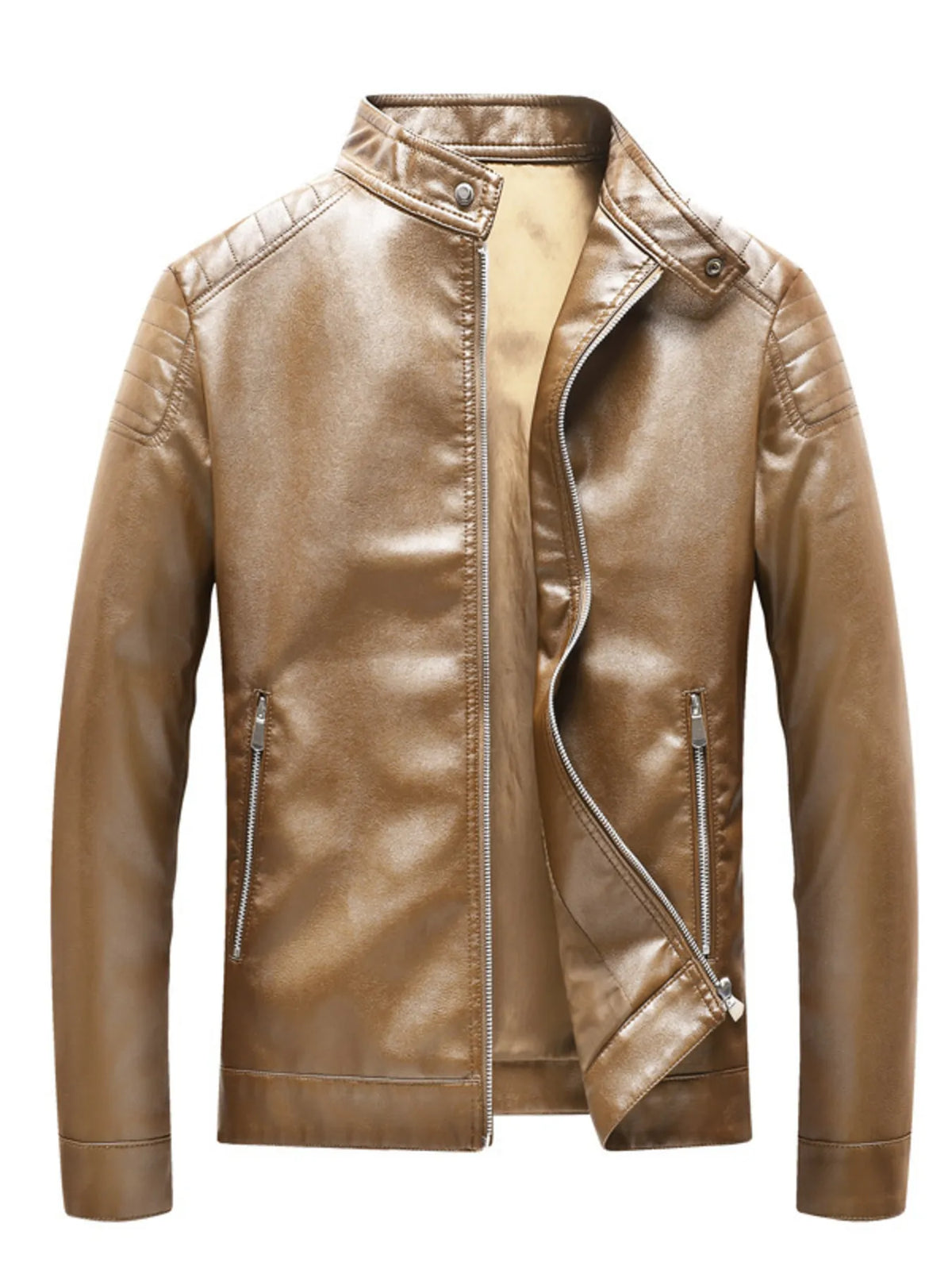 Men's Plus Size Brown PU Leather Jacket, open front zipper showing casual style