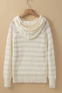 Women's lacy openwork knit hoodie with drawstring hood long sleeve sweater casual boho chic top for fall layering