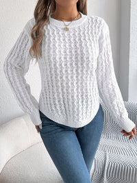 Asymmetric Hem Round Neck Long Sleeve Sweater Trandify Deal