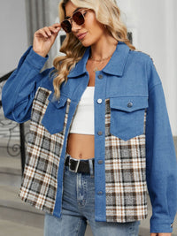 Plaid Button Up Long Sleeve Denim Jacket Trandify Deal