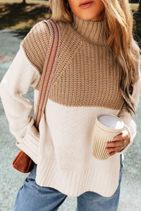 Slit Color Block Turtleneck Long Sleeve Sweater Trandify Deal