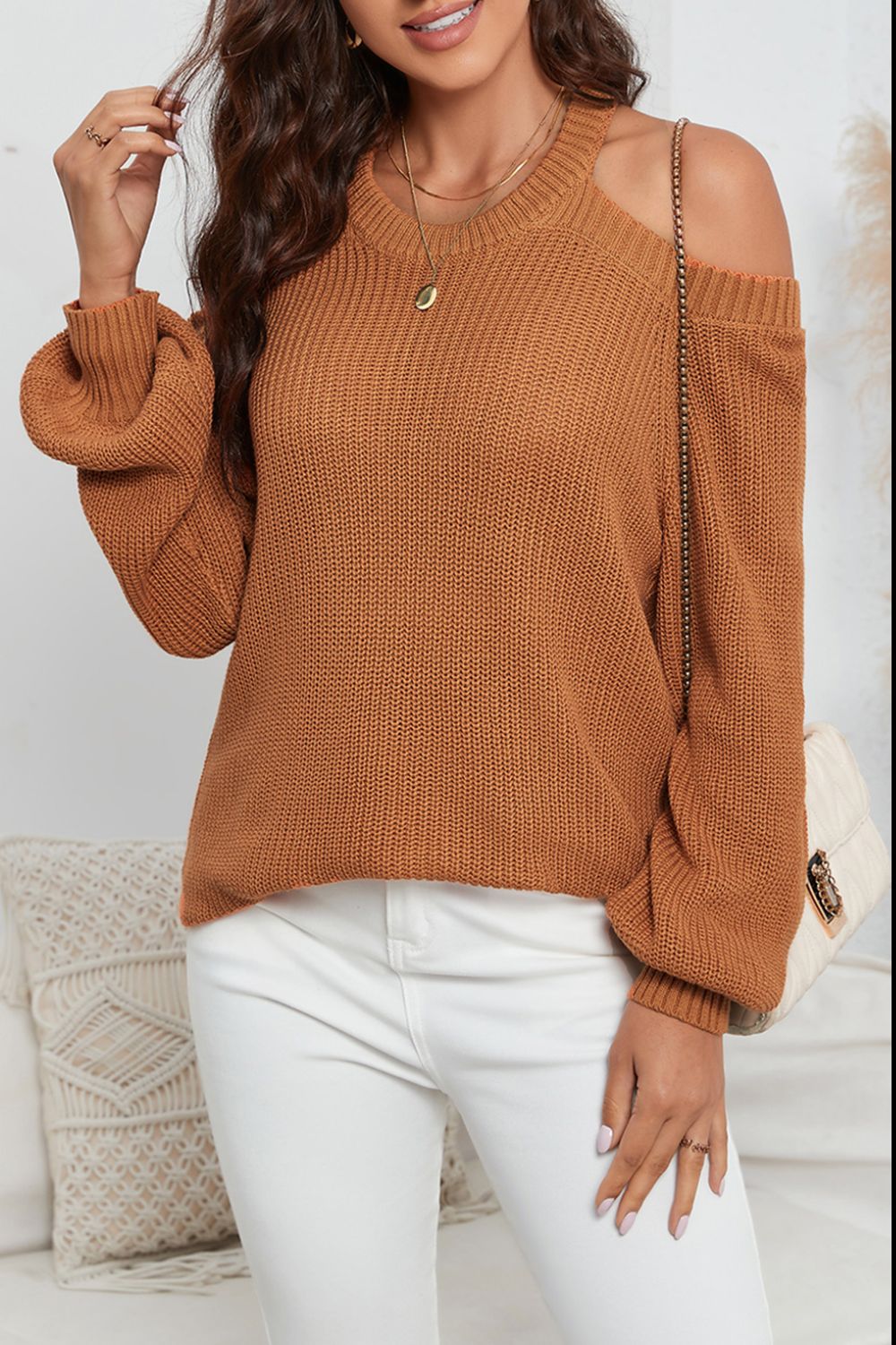 Cutout Back Cold Shoulder Long Sleeve Sweater Trandify deal