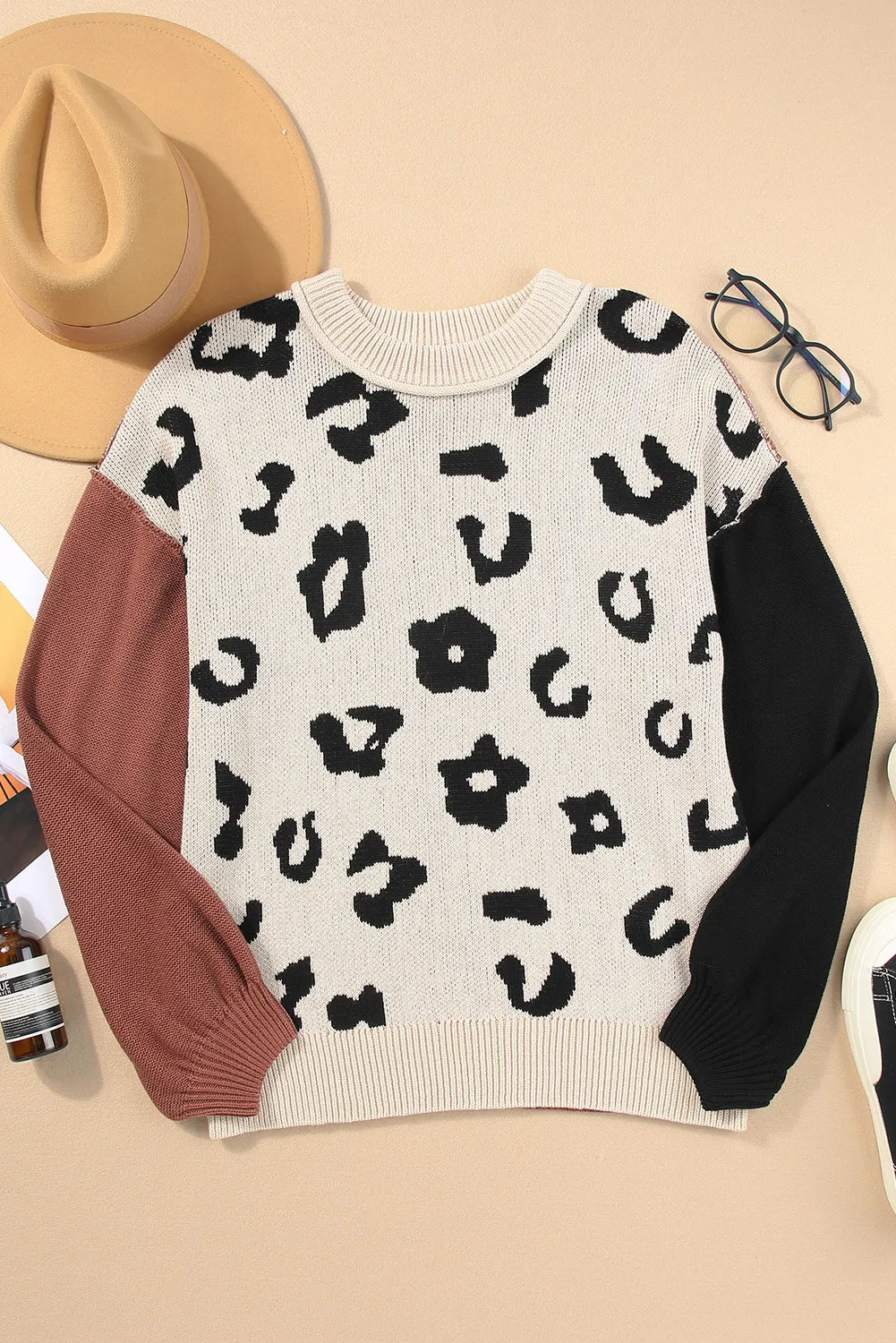 Leopard Round Neck Long Sleeve Sweater Trandify Deal