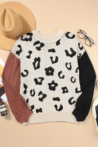 Leopard Round Neck Long Sleeve Sweater Trandify Deal