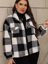 Plus Size Pocketed Plaid Collared Neck Jacket Trandify Deal