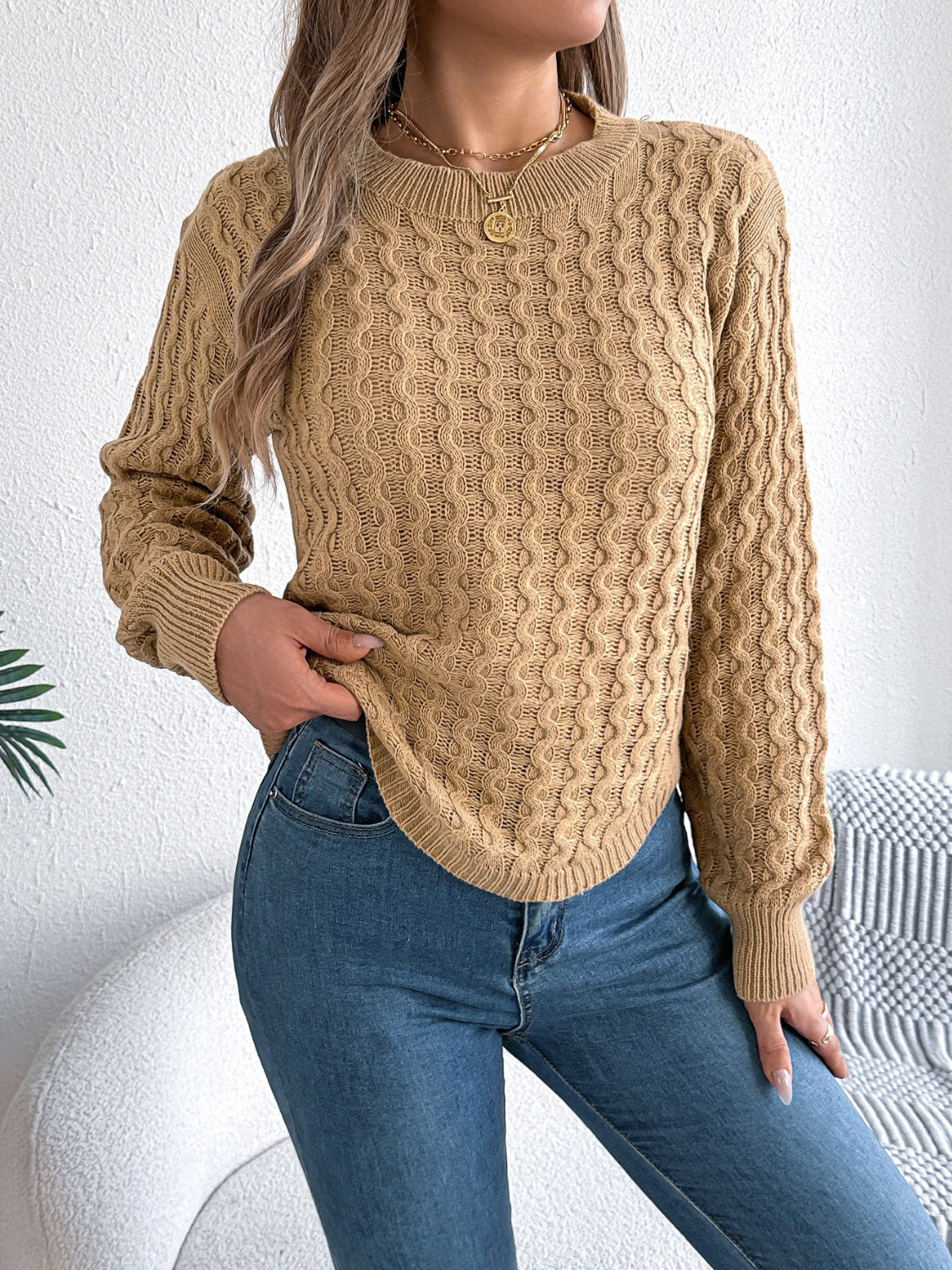 Asymmetric Hem Round Neck Long Sleeve Sweater Trandify Deal