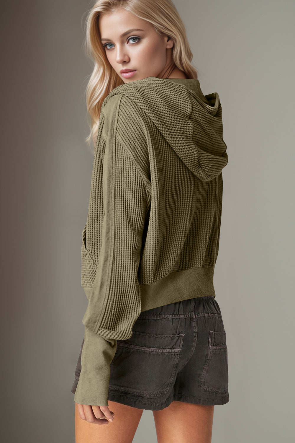 Double Take Waffle-Knit Zip Up Long Sleeve Hooded Jacket Trandify Deal