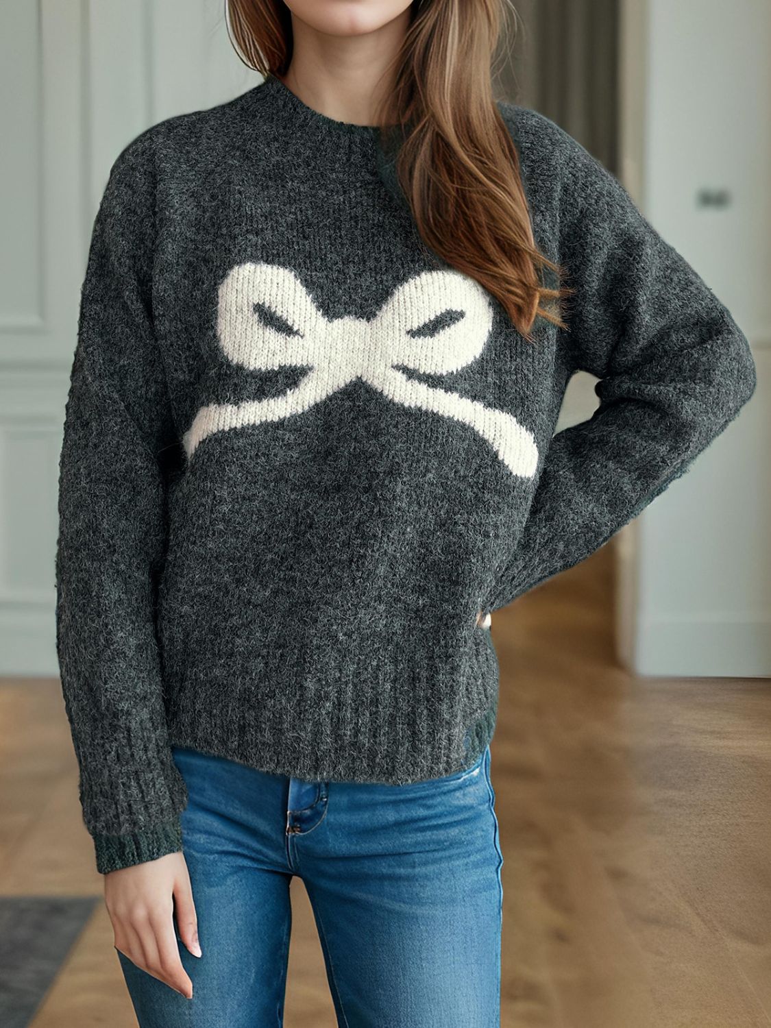 Bow Round Neck Long Sleeve Sweater Trandify Deal