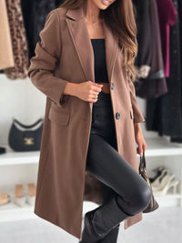 Women's Lapel Collar Long Sleeve Coat - Buttoned & Pocketed