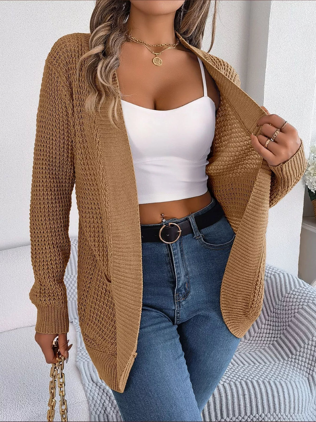 Chunky Knit Cardigan with Pockets - Open Front Women's Sweater