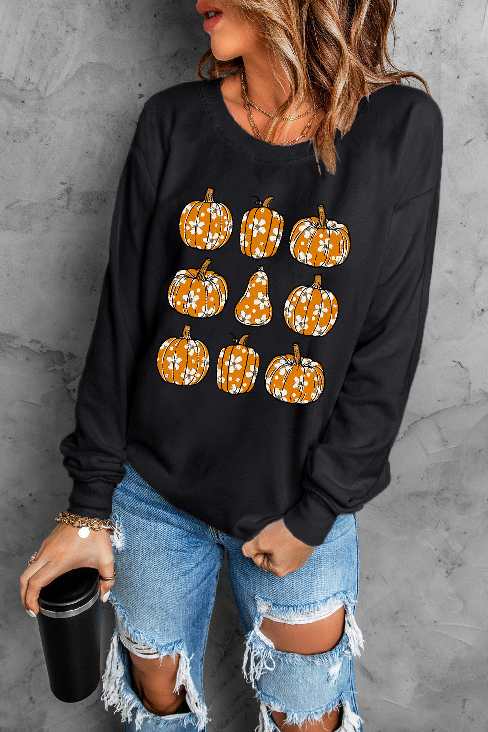 Pumpkin Round Neck Long Sleeve Sweatshirt Trandify Deal