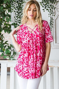 Plus Size Animal Print Babydoll Top – Crisscross Neck Short Sleeve Blouse for Women